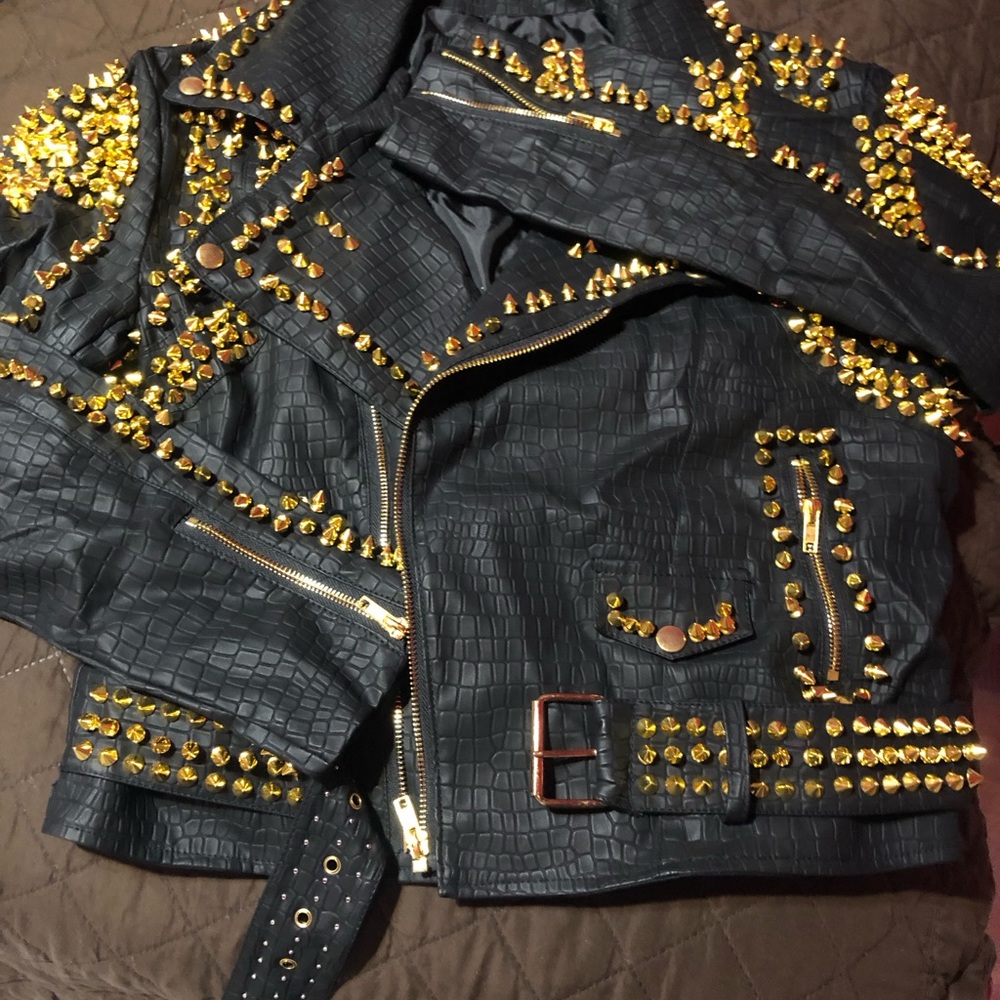 Black faux leather jacket with gold Studs.Large